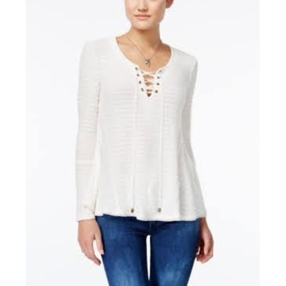 American Rag Womens Lace Up V-Neck Long Sleeve Top Egret White Large 70904AR